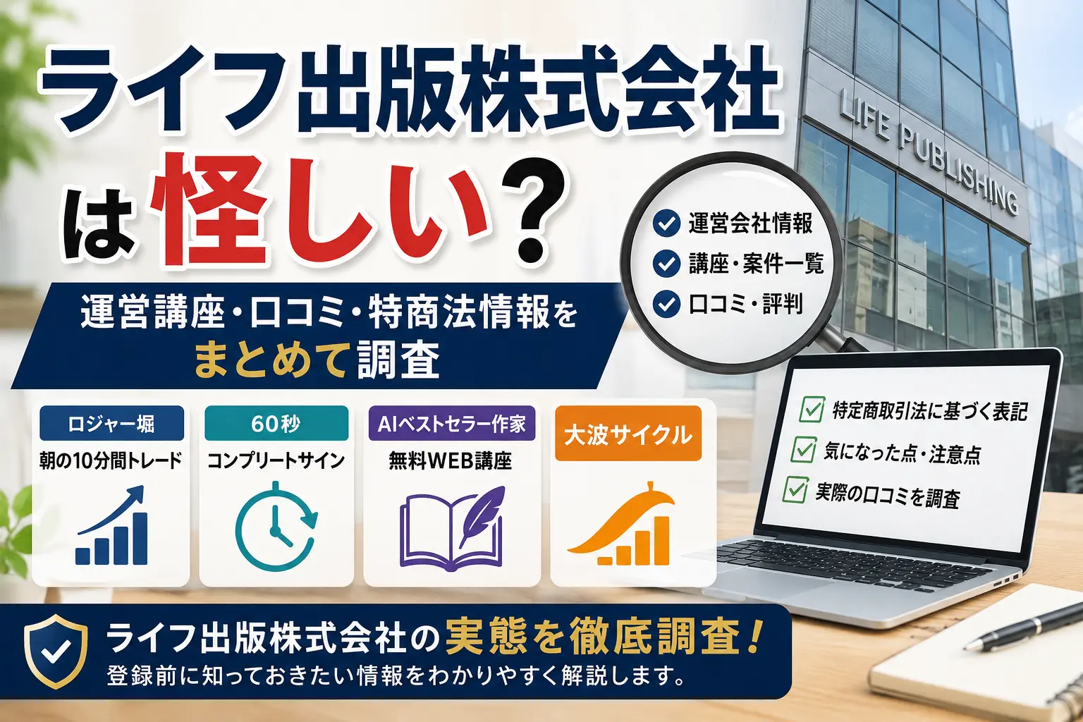 ライフ出版株式会社の運営講座や口コミ・特商法情報を調査したイメージ