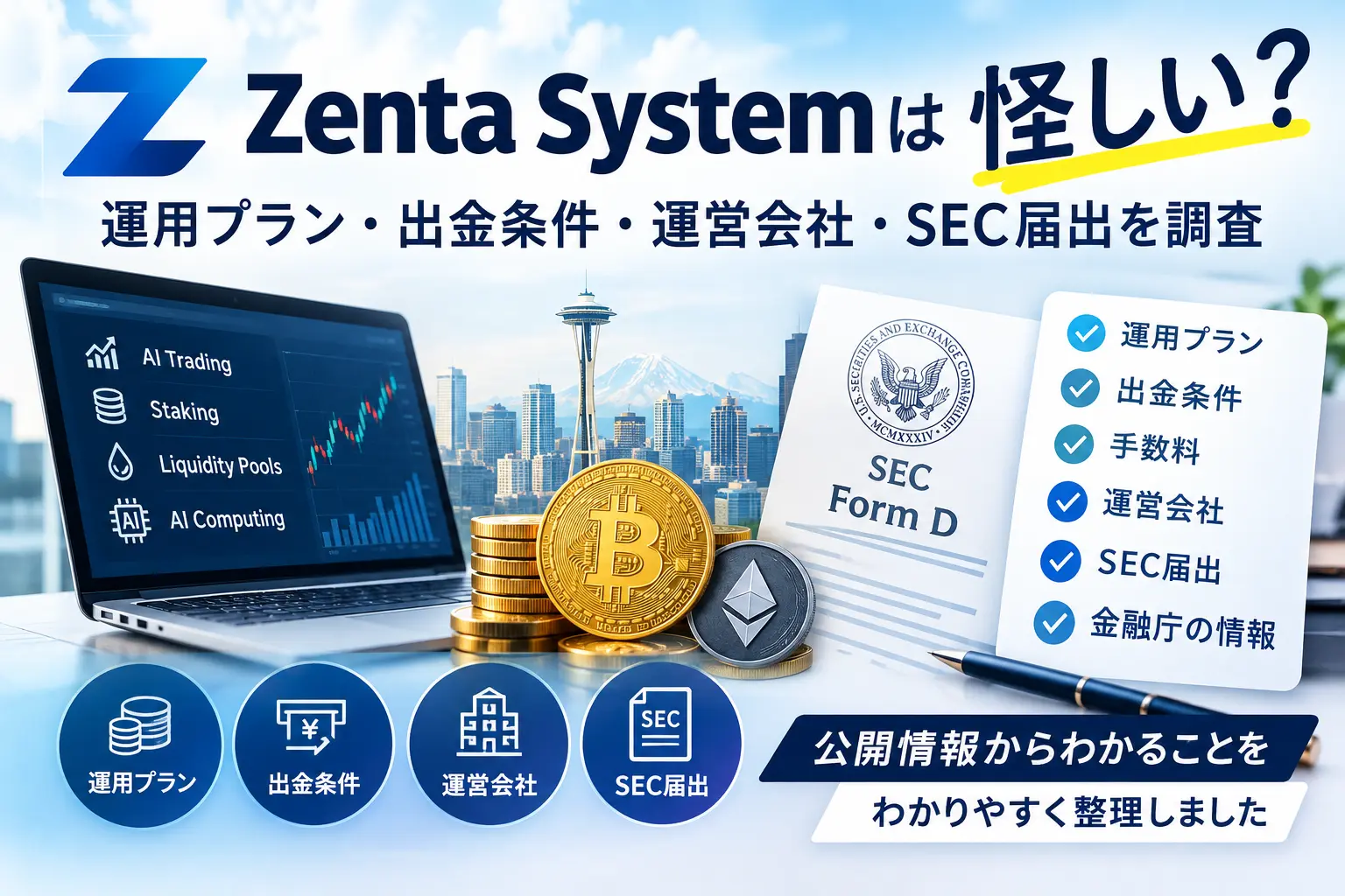 Zenta Systemの運用プランや出金条件、運営会社、SEC届出を調査したイメージ