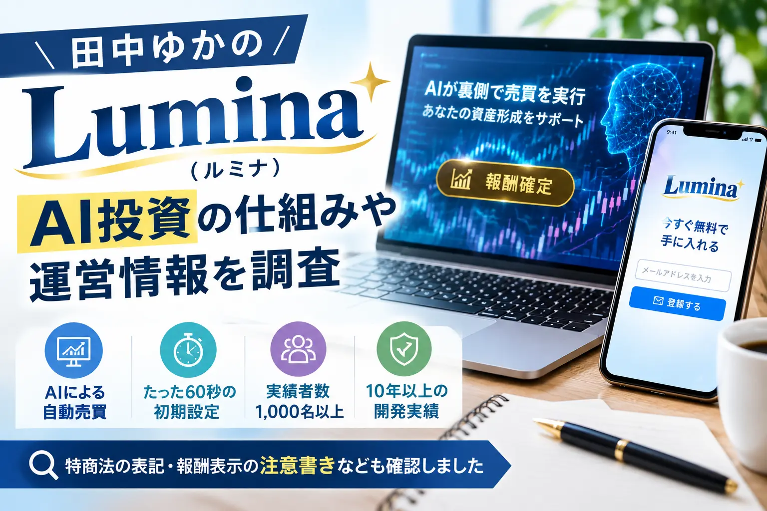 田中ゆかのLuminaについてAI投資の仕組みや運営情報を調査するイメージ