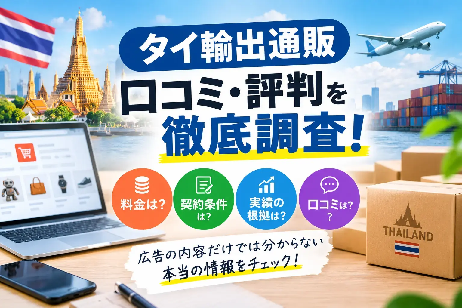 タイ輸出通販の口コミや評判、料金、契約条件、収益実績について調査するイメージ